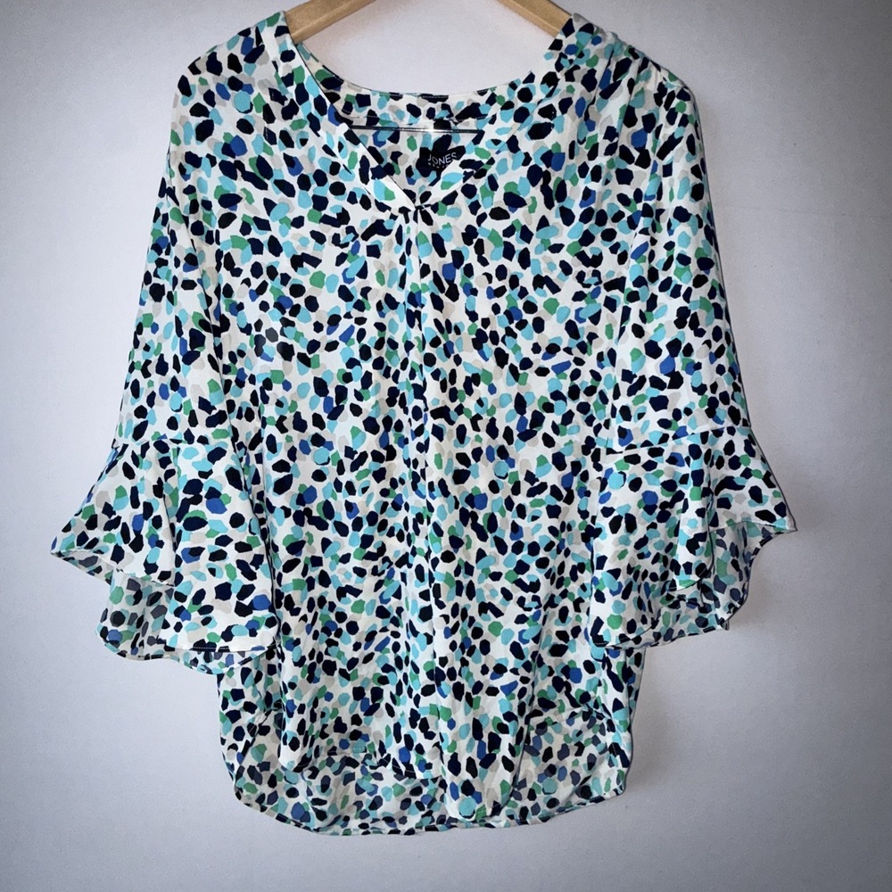 JONES NEW‎ YORK Women's V-Neck Pleated Front Tunic Long Flare Sleeves Medium